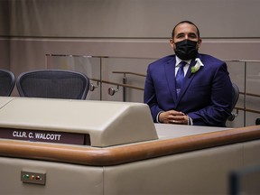 New Ward 8 Councillor Courtney Walcott sits in council chambers after being sworn-in at on Monday, October 25, 2021.
