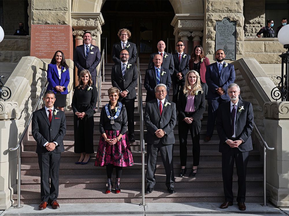  New City of Calgary councillors and Mayor Jyoti Gondek pose for a photo after they were sworn in on Monday, October 25, 2021.