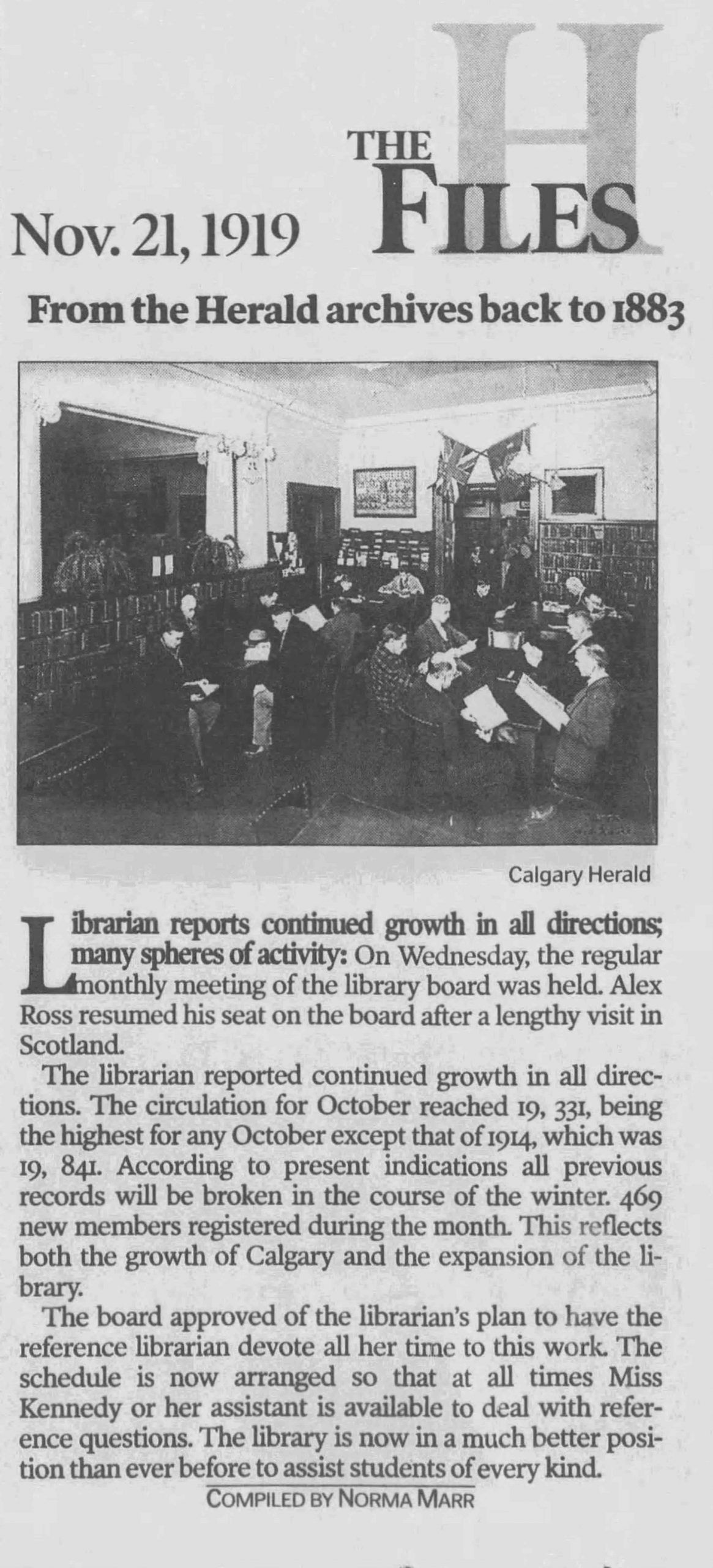 Quiet, please. We're reading. Calgary library growth in 1919, from the