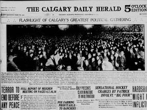 The largest ever political gathering in Calgary's early history occurred in 1920 when Prime Minister Arthur Meighen came to town. More than 6,000 people squeezed into the Horse Show Building in Victoria Park to hear him speak. Flash photography of large crowds like this didn't occur too often on the prairies, so capturing this type of photo was also a rare event at the time. Calgary Herald archives.