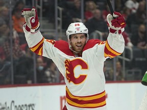 Calgary Flames centre Elias Lindholm celebrates a goal against the Detroit Red Wings on Thursday, Oct. 21, 2021.