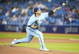 Hyun Jin Ryu, #99 of the Toronto Blue Jays, pitches to the Baltimore Orioles in the first inning of their MLB game at the Rogers Centre on October 3, 2021 in Toronto.