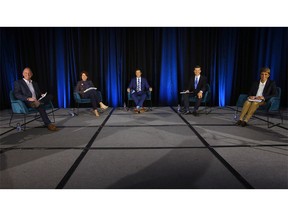 The Calgary Chamber held a mayoral debate with the top five candidates L-R, Brad Field, Jan Damery, Jeff Davison, Jeromy Farkas, and Jyoti Gondek at the Hyatt hotel in Calgary on Wednesday, October 6, 2021.