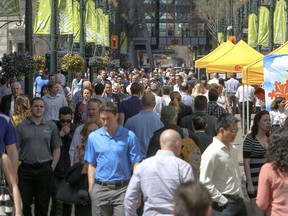 A crowded Stephen Avenue in downtown Calgary on a spring day in 2014.