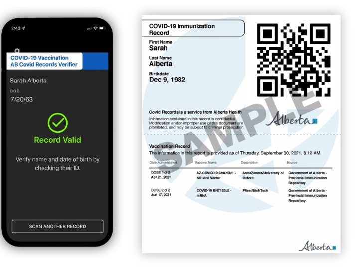  QR code on the right shows vaccination status. The AB Covid Records Verifier app scans the code.