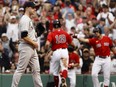 Sep 25, 2021; Boston, Massachusetts, USA; New York Yankees starting pitcher Michael King (73) stands at home plate after his wild pitch scored Boston Red Sox left fielder Kyle Schwarber (18) during the fifth inning at Fenway Park. Mandatory Credit: Winslow Townson-USA TODAY Sports