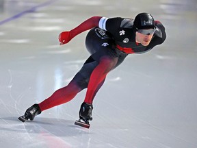 Alberta's Vincent de Haitre raced to a second place finish in the men's 1000-metre event during the long track speed skating Canadian championships at the Olympic Oval in Calgary on Friday, October 15, 2021.