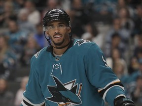 FILE - San Jose Sharks left wing Evander Kane against the Calgary Flames during an NHL hockey game in San Jose, Calif.