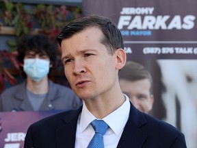 Calgary mayoral candidate Jeromy Farkas speaks with media at the release of his campaign platform on Monday, Sept. 27, 2021.