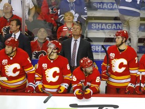 Geoff Ward wins his seventh straight game as the then-Calgary Flames interim head coach, against the Toronto Maple Leafs at the Scotiabank Saddledome in Calgary on Dec. 12, 2019.