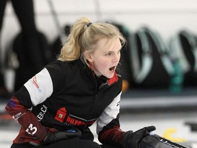 Ryleigh Bakker shouts instructions during play at the Autumn Gold Curling Classic on Friday, Oct. 8.