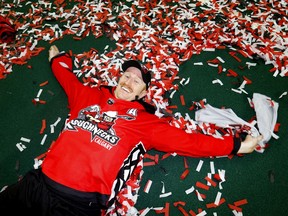 Calgary Roughnecks sniper Curtis Dickson celebrates after his team won the NLL Champion's Cup in this photo from May 25, 2019.