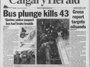 On this day 24 years ago: In 1997, in what is believed to be the worst road accident in Canada, 43 seniors from Saint-Bernard-de Beauce, near Quebec City, and their young driver from Sherbrooke died when their bus plunged into a ravine on a hairpin curve in the mountainous region of Charlevoix, about 110 kilometres northeast of Quebec City, while on an outing to view fall colours. In June 1974, 13 people were killed in an accident on the same hill.