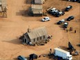 An aerial view of the film set on Bonanza Creek Ranch where Hollywood actor Alec Baldwin fatally shot cinematographer Halyna Hutchins and wounded a director when he discharged a prop gun on the movie set of the film Rust in Santa Fe, New Mexico on Oct. 21, 2021.