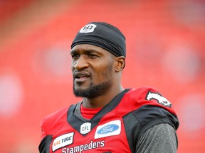 Calgary Stampeders DB Tre Roberson participates in warmup before facing the Hamilton Tiger-Cats in this photo from Sept. 14, 2019.