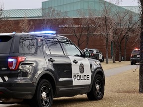 Calgary police are on the scene of a stabbing at Bishop McNally school in NE Calgary on Wednesday, Nov. 3, 2021.
