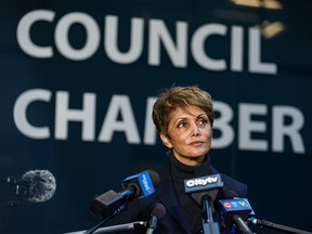 Mayor Jyoti Gondek speaks with the media outside Calgary Council Chamber on Monday, November 1, 2021.