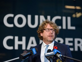 Councillor Gian-Carlo Carra speaks with the media outside Calgary Council Chamber on Monday, November 1, 2021.