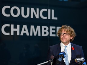 Councilman Gian-Carlo Carra speaks to the media outside the Calgary Council Chambers on Monday, November 1, 2021.