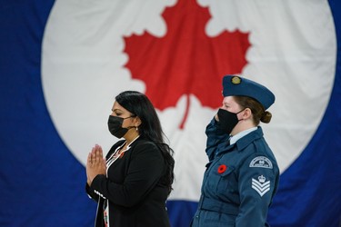 Alberta Minister of Transportation Rajan Sawhney, representing the Government of Alberta, pays respect at the Remembrance Day ceremony at the museum accompanied by a member of the Royal Canadian Air Cadets on Thursday, November 11, 2021. Azin Ghaffari/Postmedia