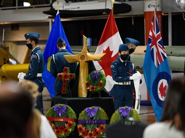 Members of the Royal Canadian Air Cadets guard the Remembrance Day display at the Hangar Flight Museum on Thursday, November 11, 2021. Azin Ghaffari/Postmedia