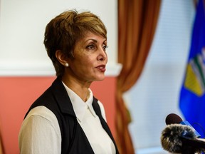 Mayor Jyoti Gondek speaks with the media after breakfast with energy industry leaders on Monday, November 15, 2021. Azin Ghaffari/Postmedia