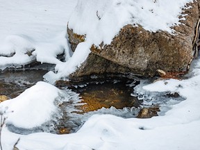 Splash ice on Jumpingpound Creek west of Calgary, Ab., on Wednesday, November 17, 2021.