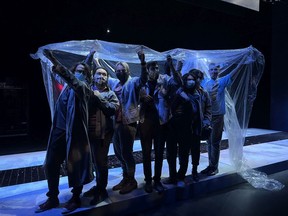 The Bus Stop is banned in China but will be presented by a University of Calgary School of Creative and Performing Arts student. The cast includes, from left: Liam Akehurst, Mitchell Kirby, Jordan Wilson, Joseph McManus, Stephanie Alexandre, Kali Hayer, Christian Daly. Courtesy, Nick Wang