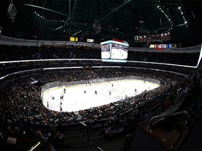 A general view inside the Honda Center during the third period of a game between the Anaheim Ducks and the St. Louis Blues on November 7, 2021 in Anaheim, California.