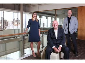 Alan Norris, centre, is stepping back as chief executive of Brookfield Residential Properties but will stay on as executive chairman. Jennifer Walker, left, director of sales and development in Calgary, and Ryan Boyd, right, senior vice-president of communities, say Norris is known for his gifts of being a “visionary” and “an incubator of thought.”