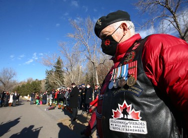 Veteran Tom MacCarl, who served in Cyprus and Europe (Royal Canadian Electrical and Mechanical Engineers) is shown during Remembrance Day ceremonies at the Field of Crosses on Memorial Drive in northwest Calgary on Thursday, November 11, 2021. Jim Wells/Postmedia
