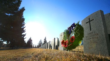 A wreath decorated with poppies rest in the afternoon sunlight at Burnsland Cemetary in Calgary on Thursday, November 11, 2021. Jim Wells/Postmedia