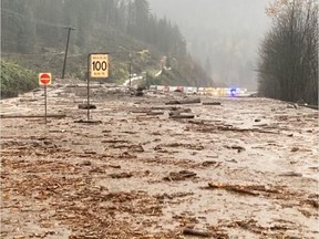 Highway 1 east of Chilliwack between Popkum and Hope is closed because of mudslides, seen here. An "atmospheric river" hit southern B.C. on Sunday, dumping huge amounts of rain across the region and causing widespread flooding, mudslides and rockslides.