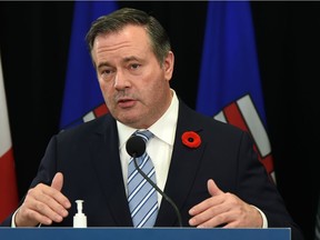 Premier Jason Kenney provides an update on COVID-19 during a news conference in Edmonton, Wednesday, Nov. 3, 2021.