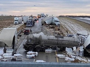 At least three semi-trailers were involved in a crash on Hwy 2 near Ponoka on Thursday, Nov. 25, 2021. One person died in the crash, which occurred during freezing rain.