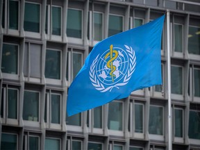 This photograph taken on March 5, 2021 shows the flag of the World Health Organization (WHO) at their headquarters in Geneva amid the COVID-19 coronavirus outbreak.