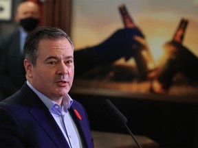 Premier Jason Kenney speaks about the Alberta Jobs Now program during a press conference at the Hudsons pub in Calgary’s Beltline on Tuesday, November 9, 2021.