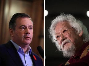 Alberta Premier Jason Kenney (L) and environmental activist David Suzuki (R).