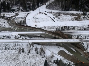 Damage caused by heavy rains and mudslides is shown in this aerial photo along the Coquihalla Highway south of Merritt, B.C., on Monday, November 22, 2021.