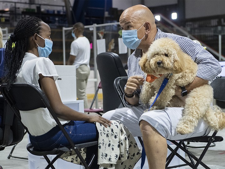  Zootherapist Sylvain Gonthier and dog Bidule comfort Divine Nsabimana as she waits to receive a COVID-19 vaccine at a clinic in Montreal, Thursday, Aug. 26, 2021.