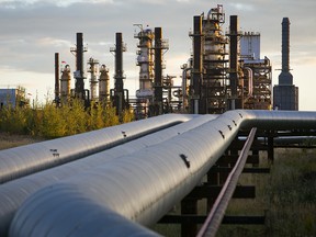 Bitumen flowlines from a SAGD well pad to the the Central Processing Facility at Nexen's Long Lake integrated oil sands facility in northeastern Alberta.