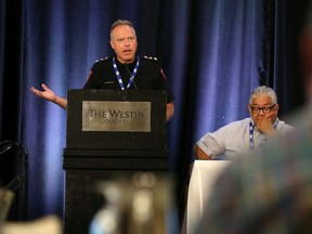 Keith Blake, Chief of Tsuut'ina Nation Police Service speaks during the opening of the 30th annual Canadian Association of Police Governance conference at the Westin Hotel in Calgary in 2019.