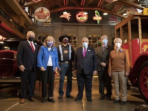 Top 7 Over 70 - 2021 winners (from left) Murray McCann, Margaret Southern, , Miiksika'am (Elder Clarence Wolfleg), Sherali Saju, Louis B. Hobson, and Bonnie Kaplan were photographed in Gasoline Alley at Heritage Park in Calgary, Wednesday, November 3, 2021. Missing is Don Taylor.
Gavin Young/Postmedia