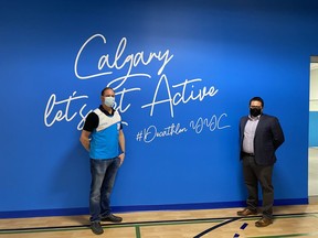 Craig Binch, left, store leader of Decathlon, and Jason Bos, general manager of Southcentre Mall, at the opening of the 63,000-square-foot Decathlon store, the company's first foray into Western Canada.