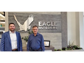 Dennis Haan, at left, the director of Eagle Builders in Red Deer, and Paul Giannelia, managing director of Wapahki Transport Inc., are partnering on a more environmentally friendly way to transport bitumen.
