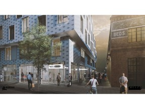 An artist's rendering shows a proposed mixed-use building by Alston Properties of Winnipeg, planned for the west side of the Simmons Building in East Village.