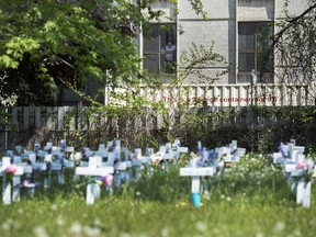 A man looks out the window at the Camilla Care Community centre overlooking crosses marking the deaths of multiple people that occurred during the COVID-19 pandemic in Mississauga, Ont., on Tuesday, May 26, 2020.