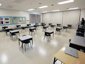 Desks in a classroom at St. Marguerite School in New Brighton on Aug. 25, 2020.