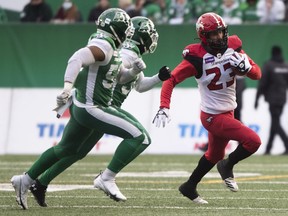 Calgary Stampeders running back William Langlais runs the ball against the Saskatchewan Roughriders during the CFL’s West Division Semifinal in Regina on Sunday, Nov. 28, 2021.