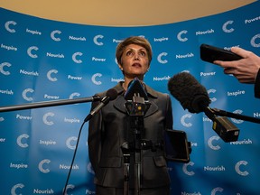 Mayor Jyoti Gondek takes questions from media after speaking to business representatives at a Calgary Chamber of Commerce event on Friday, Nov. 19, 2021.